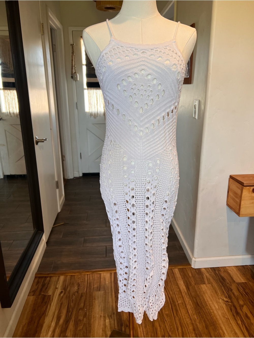 aerie White Crochet Maxi Dress with Spaghetti Straps